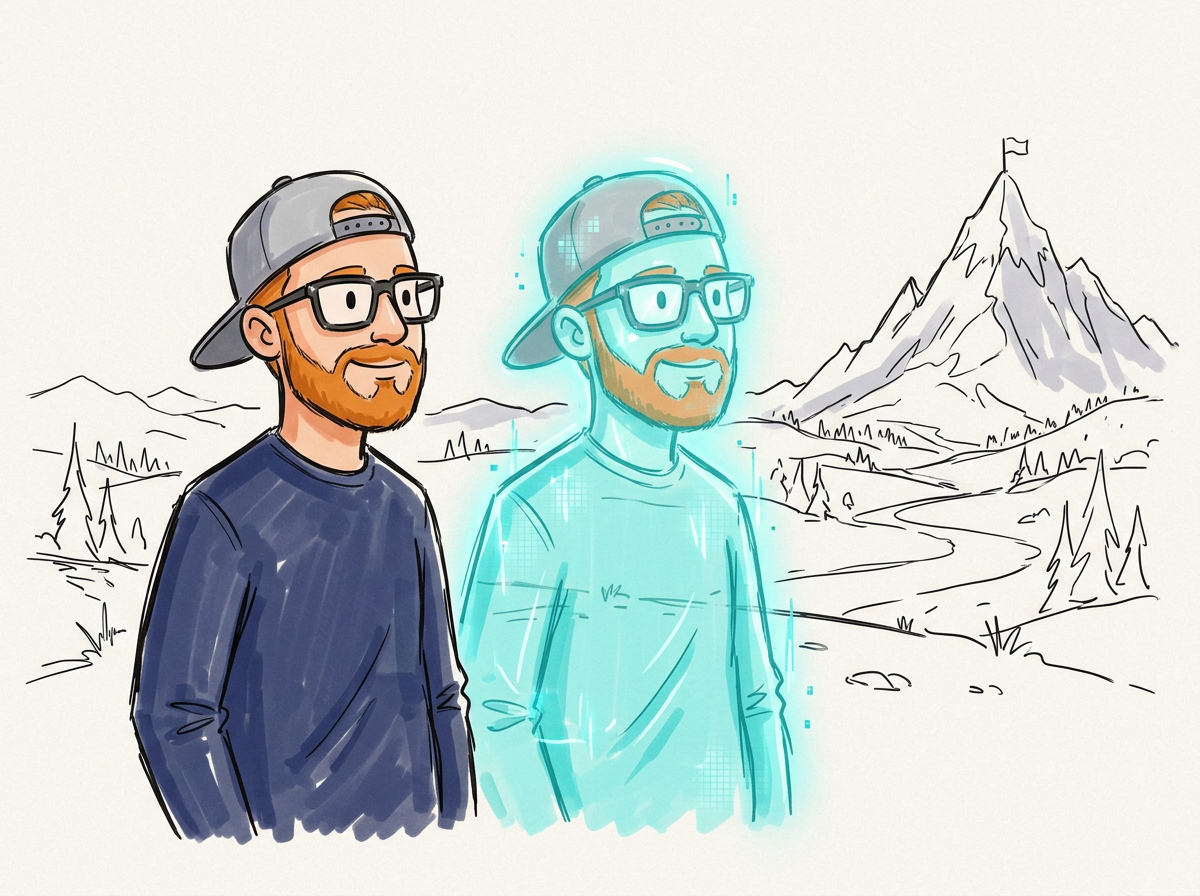 Zac and Zax looking out at a far-off mountain peak on the horizon — AGI is still a long way ahead