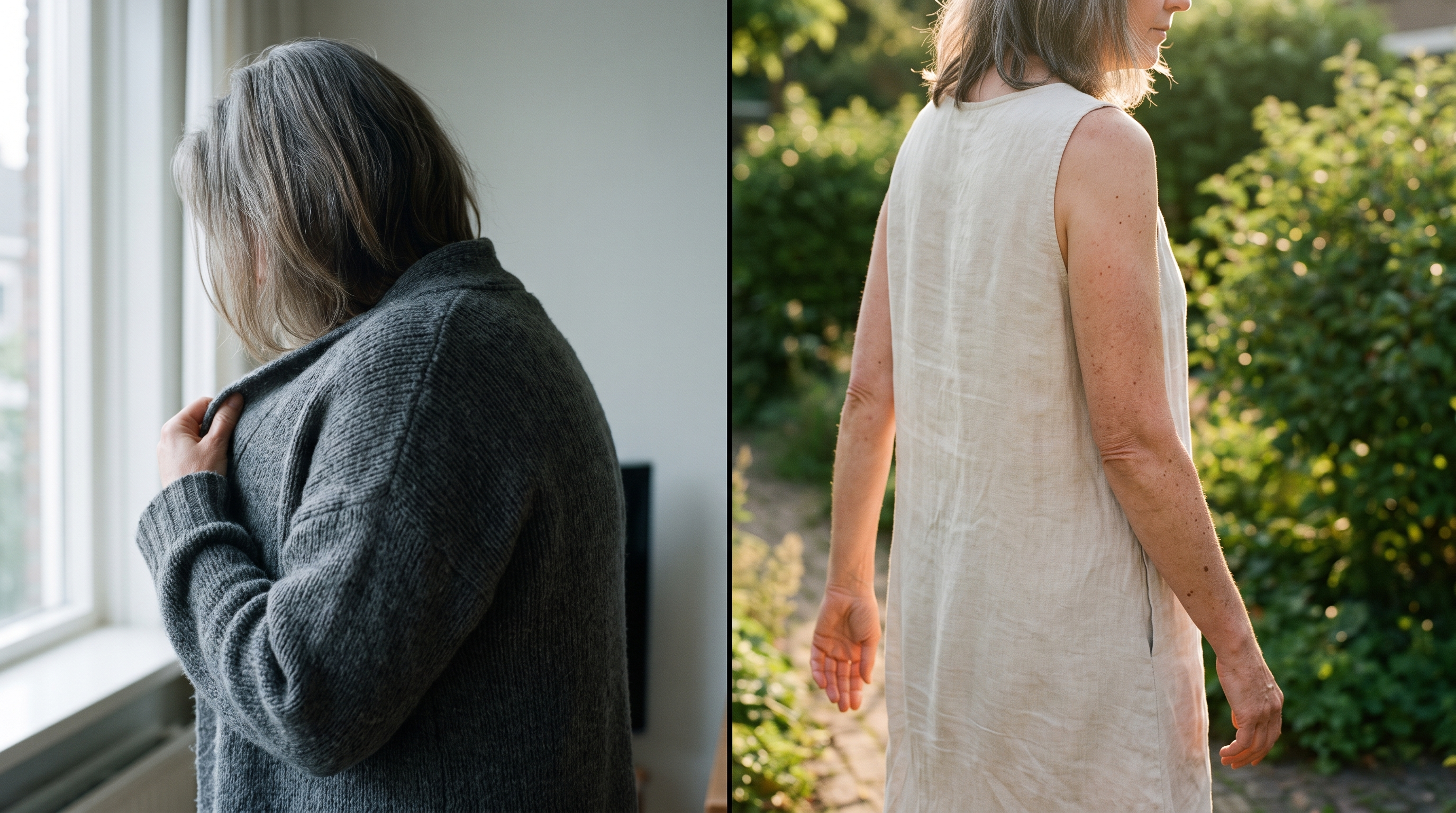 Vrouw met een vest aan, en dezelfde vrouw mouwloos buiten