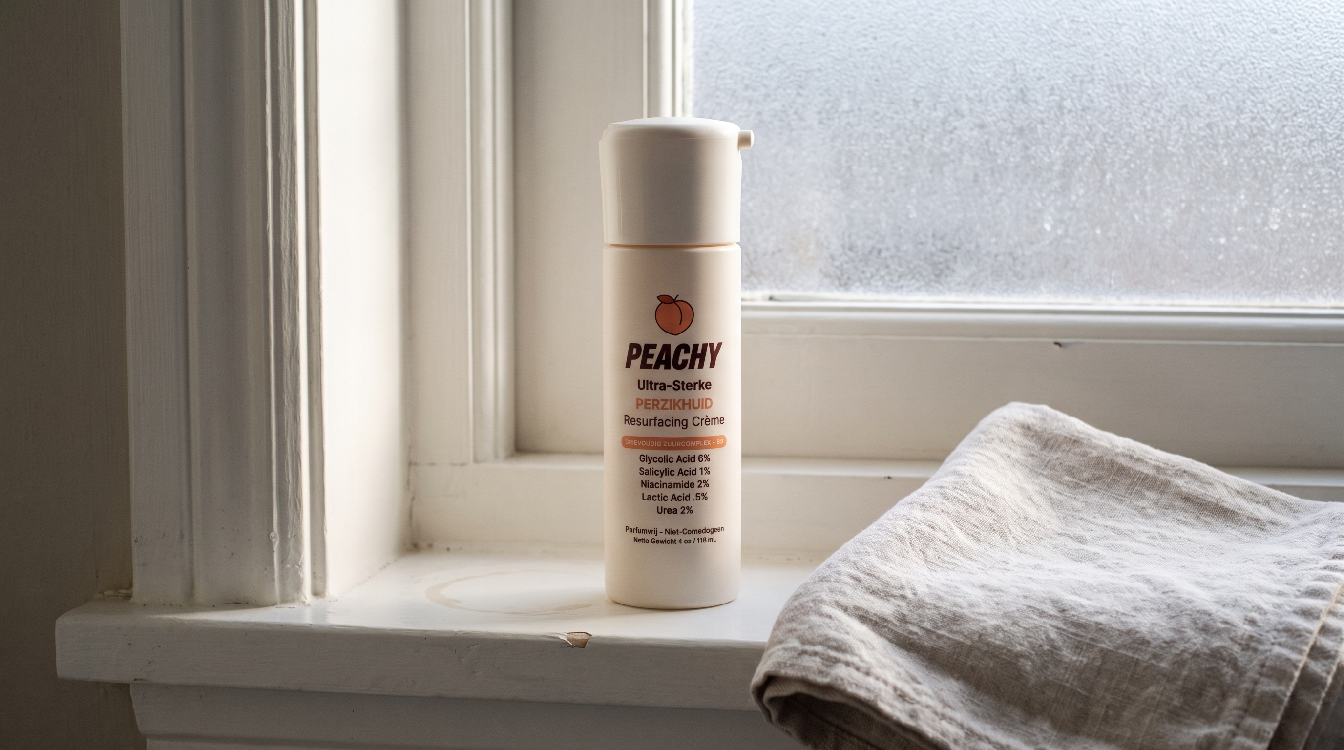 De Peachy Bodycreme op een badkamerrand