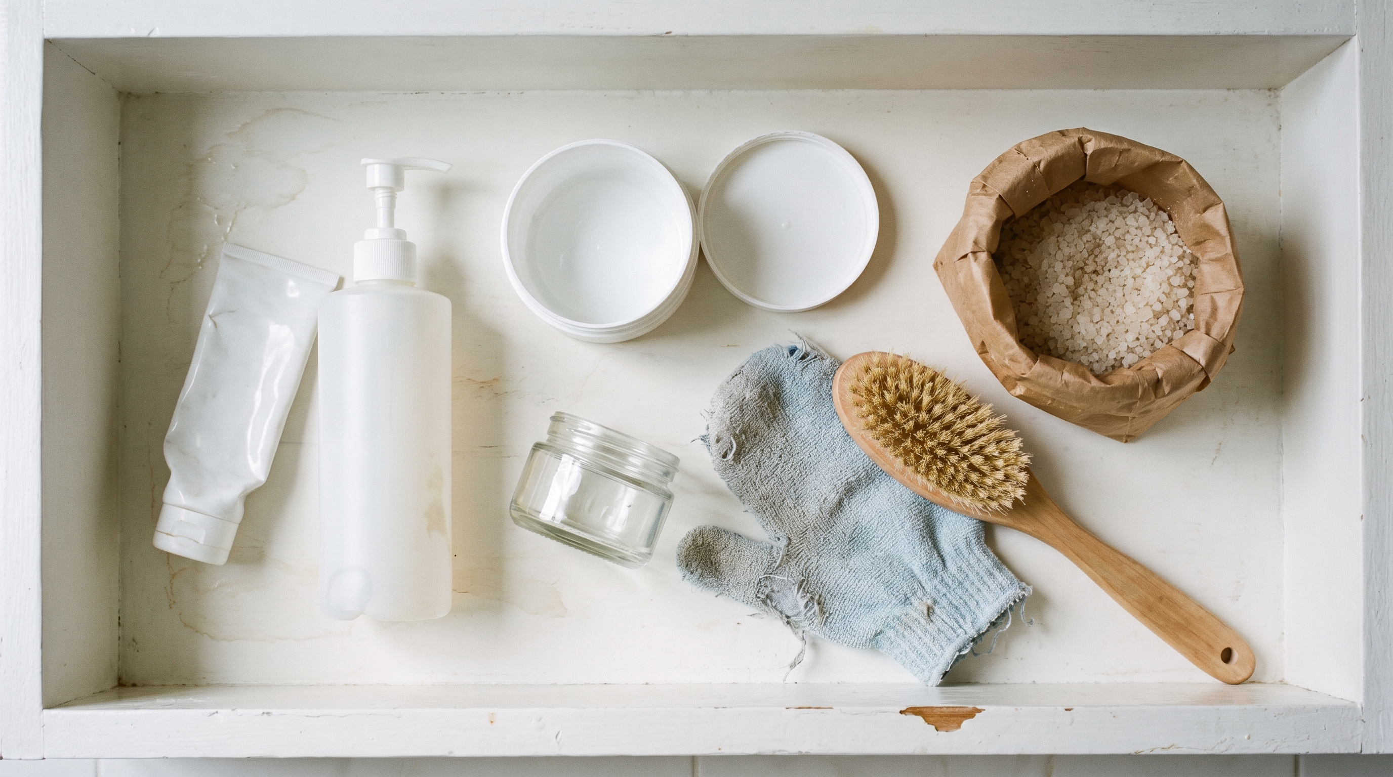 Een badkamerplank vol half opgemaakte bodylotions, een scrubhandschoen en een droogborstel