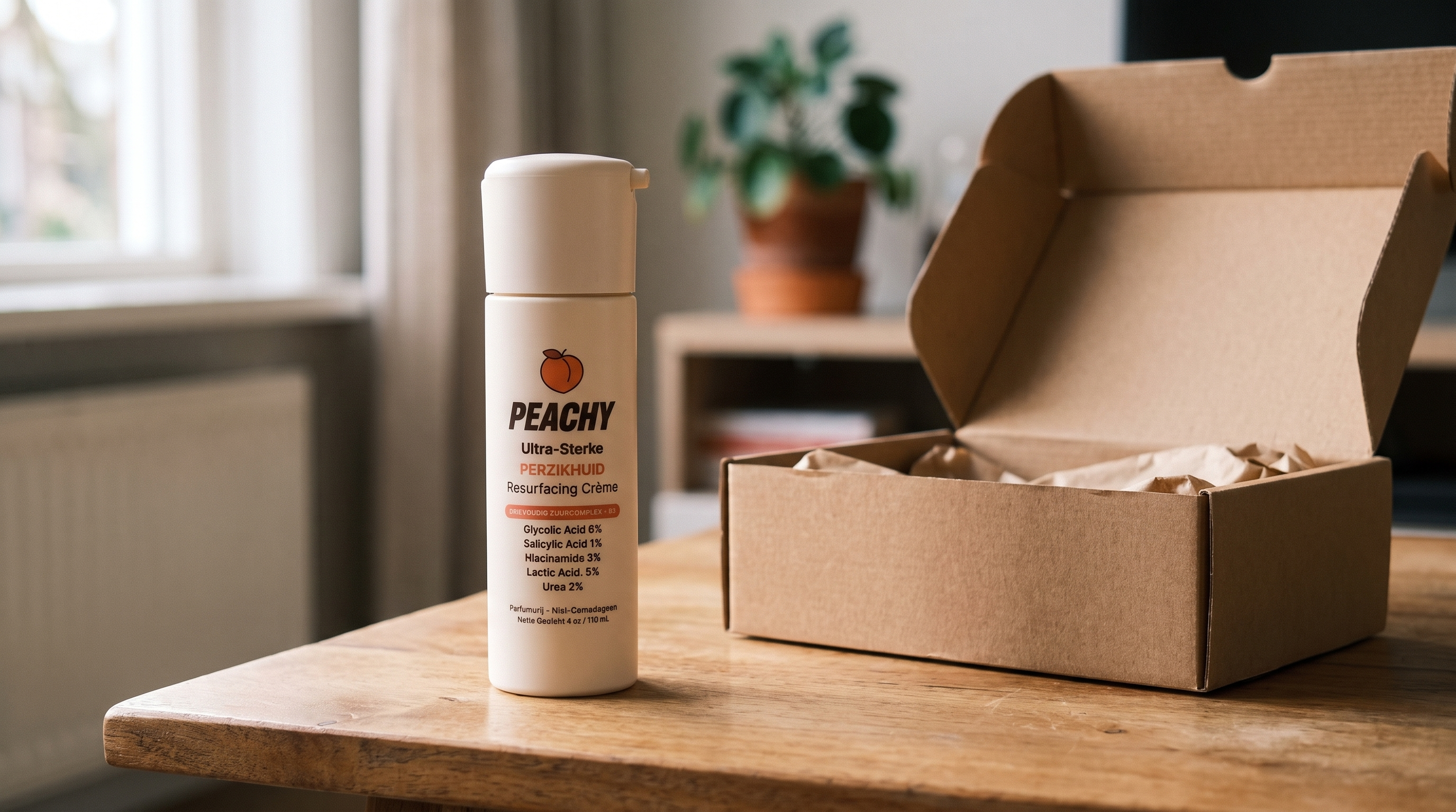 De Peachy-fles naast een geopend verzenddoosje op een houten tafel