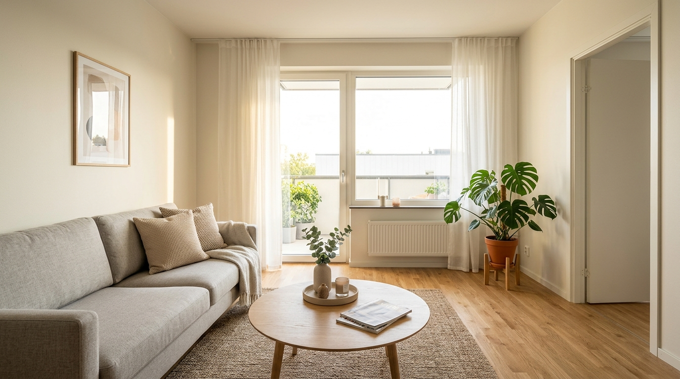 Aufgeräumtes, professionell aufbereitetes Wohnzimmer
