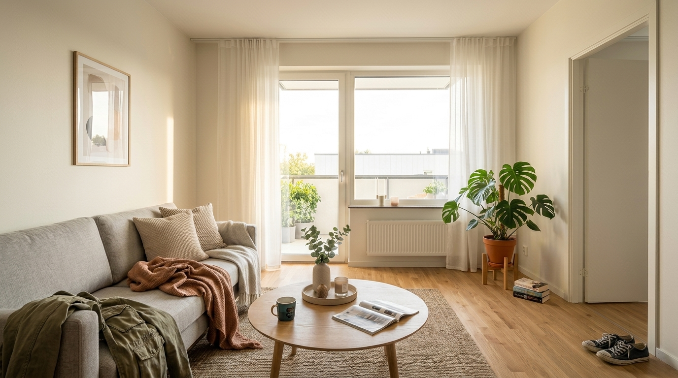 Wohnzimmer im Originalzustand mit persönlichen Gegenständen