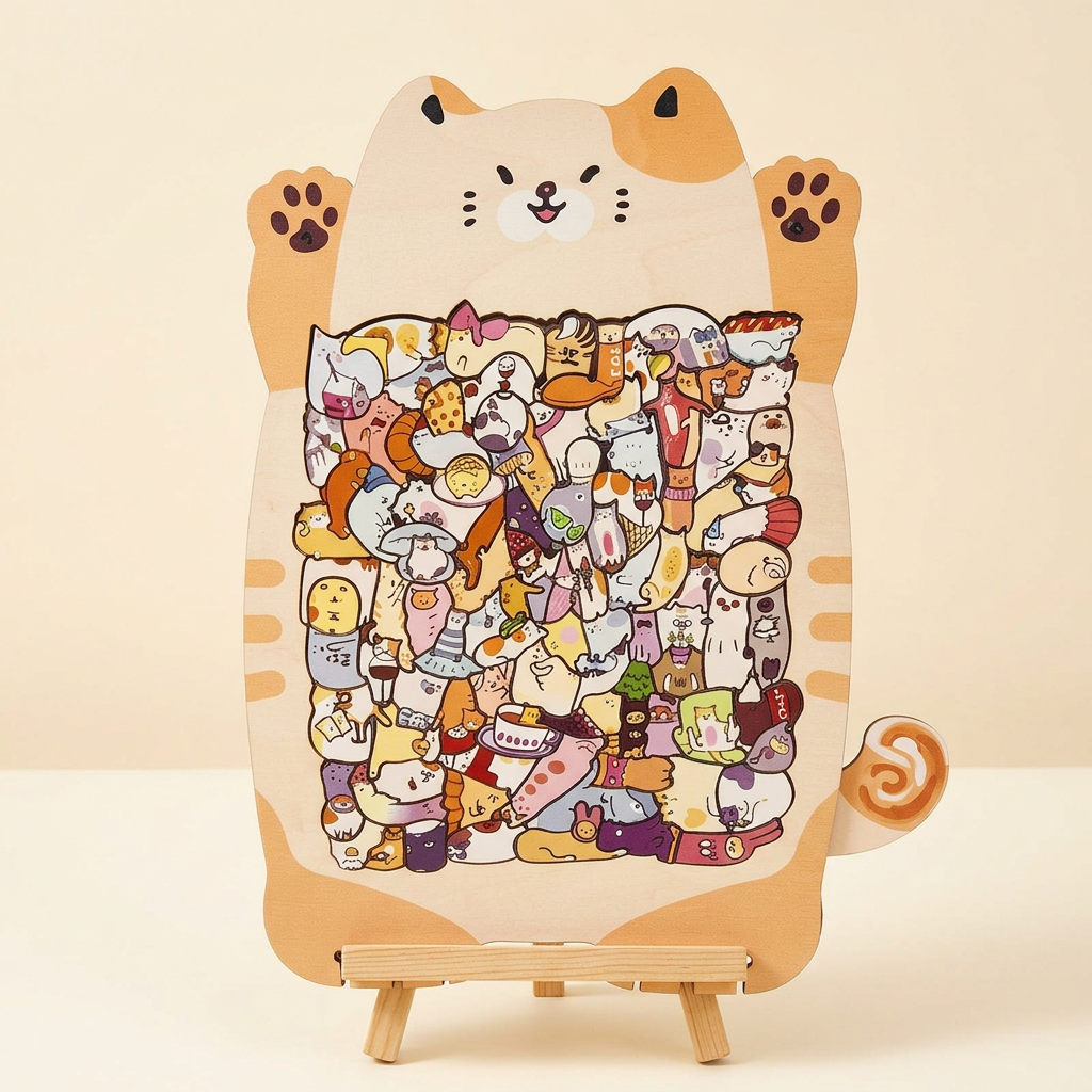 組み上がったカラフルな99匹の猫の木製パズル