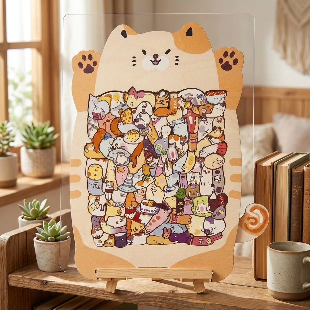 専用スタンドに立てて飾った完成後の猫パズル