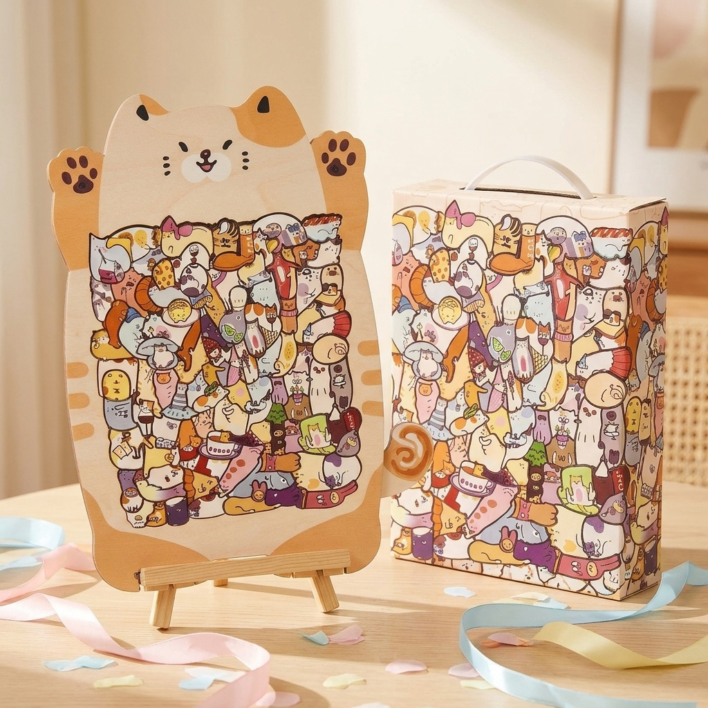 手提げのアートギフトボックスと完成した猫パズル