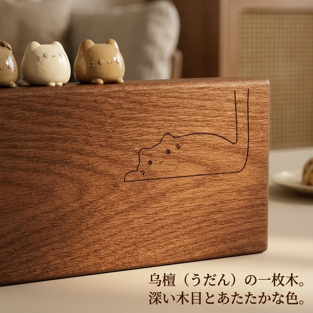 乌檀の木目クローズアップと前面の寝そべり猫の刻印