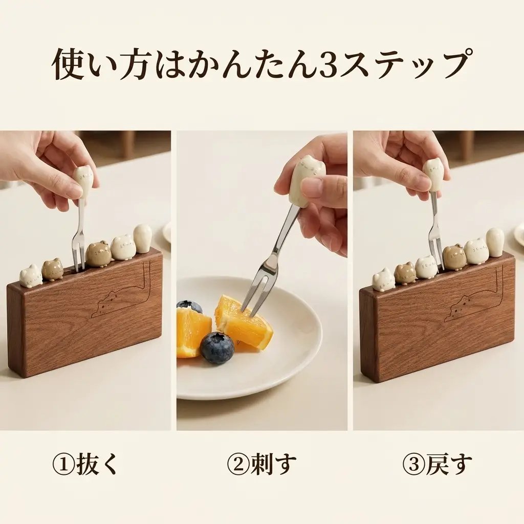 フォークを1本抜き、残り5本は乌檀の土台に立ったまま