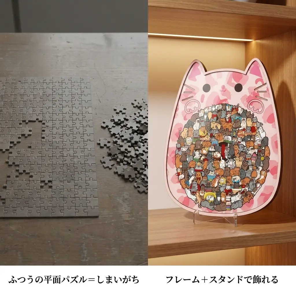 平らな段ボールパズルと、フレーム＋スタンドで飾れる猫パズルの比較