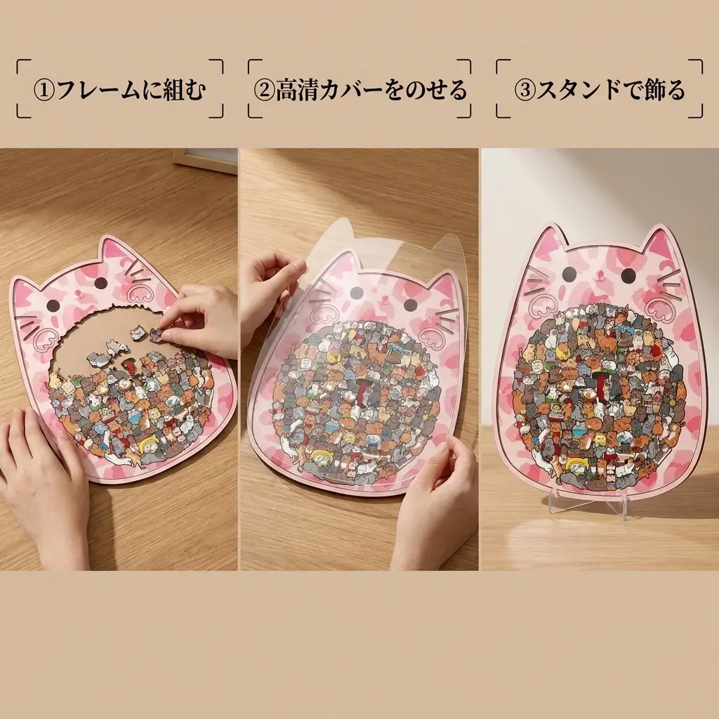 フレームに組む・高清カバーをのせる・スタンドで飾る、3ステップ