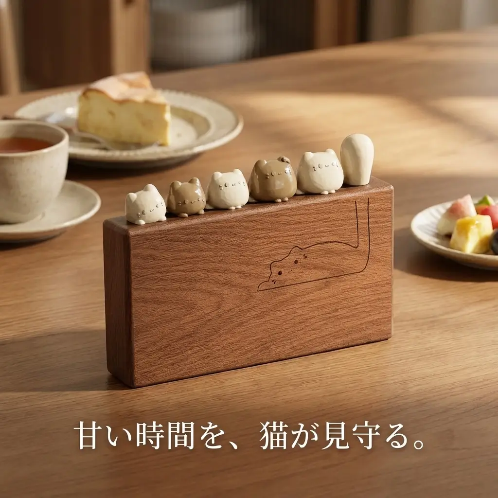 木のテーブルで6匹の猫がふちから顔を出す白咖セット