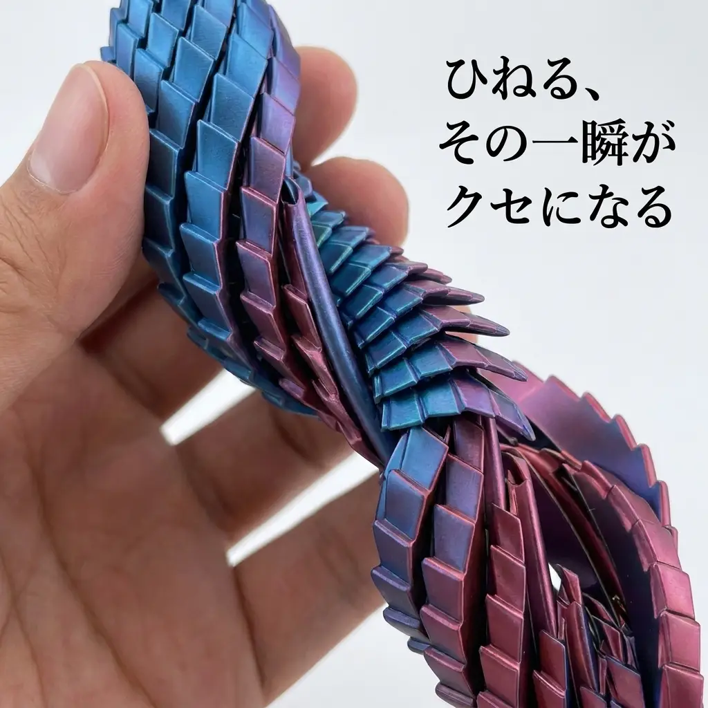 龍のたまごフィジェットを指先でひねり、ウロコのパーツがコイル状にずれていく接写