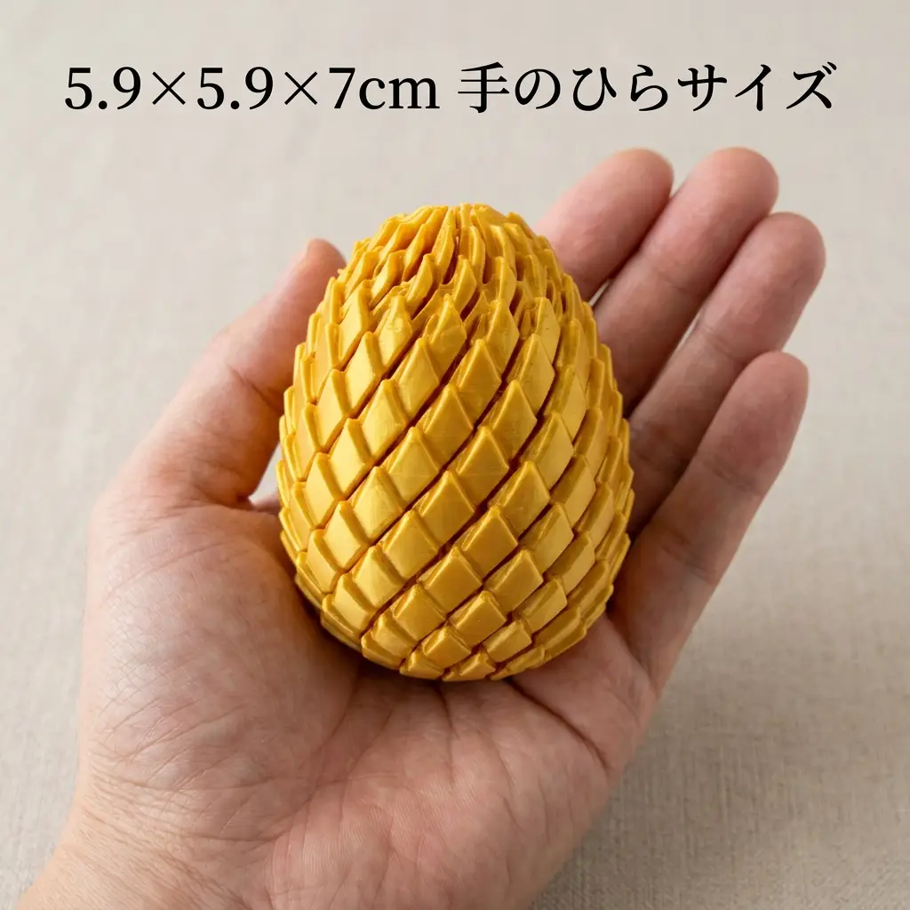 大人の手のひらにのせた龍のたまごフィジェット、5.9×5.9×7cmの大きめサイズとウロコの立体感