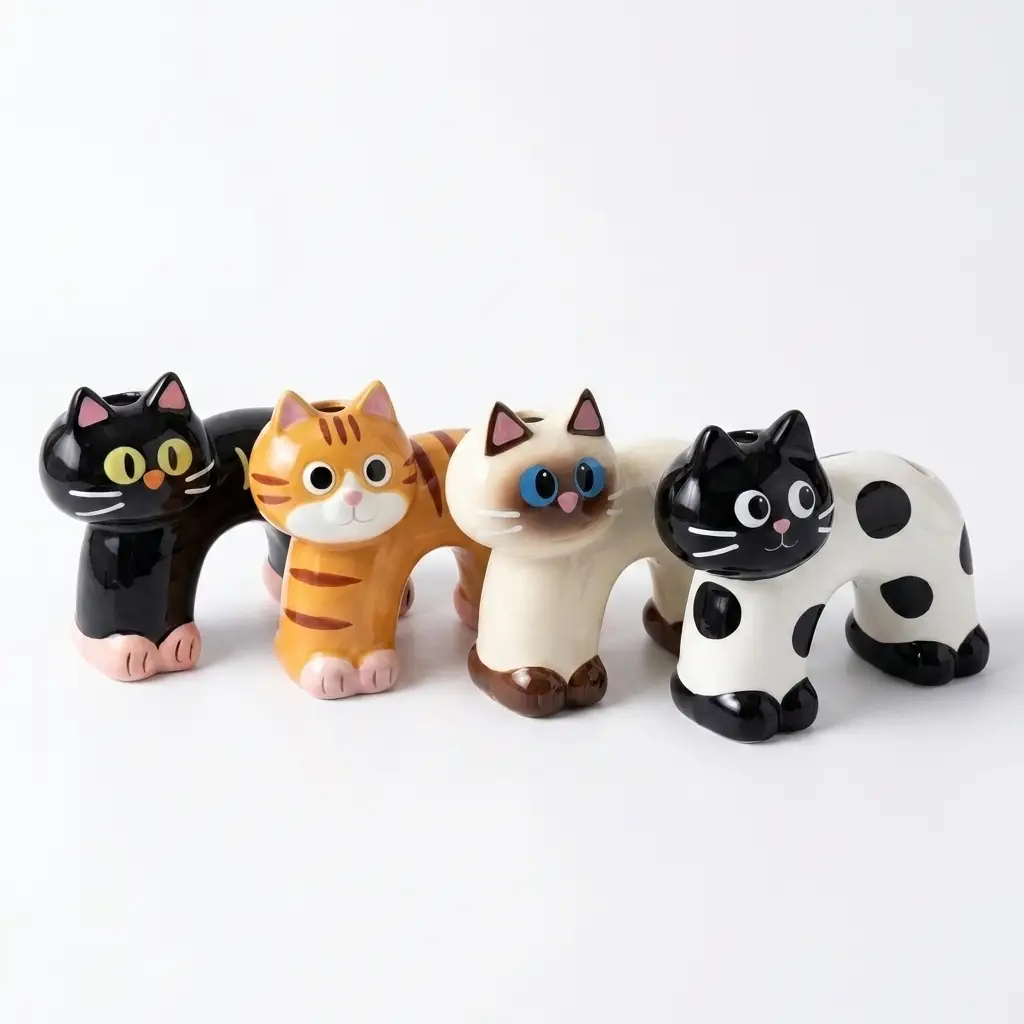 ブラック・オレンジ・シャム・牛柄の4匹の猫の歯ブラシスタンドのラインナップ