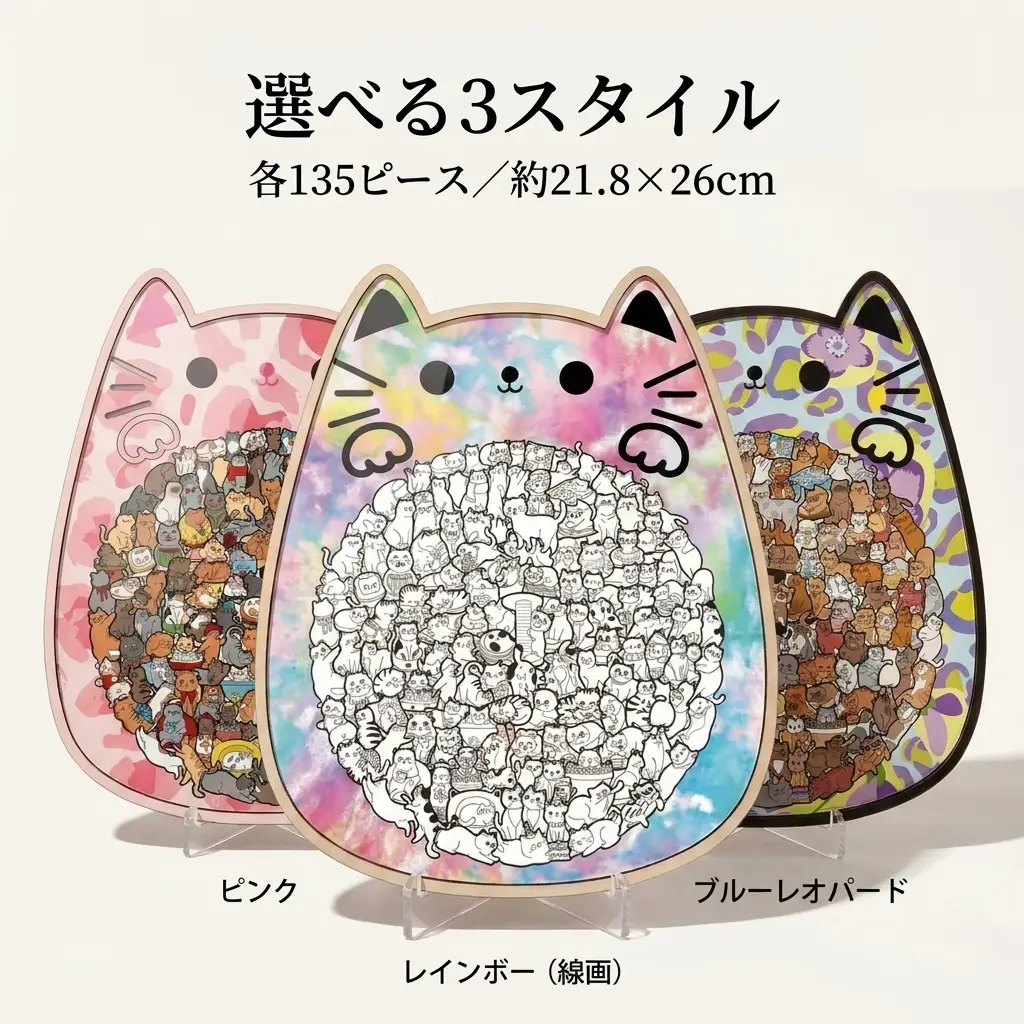 ピンク・レインボー線画・ブルーレオパードの3スタイル