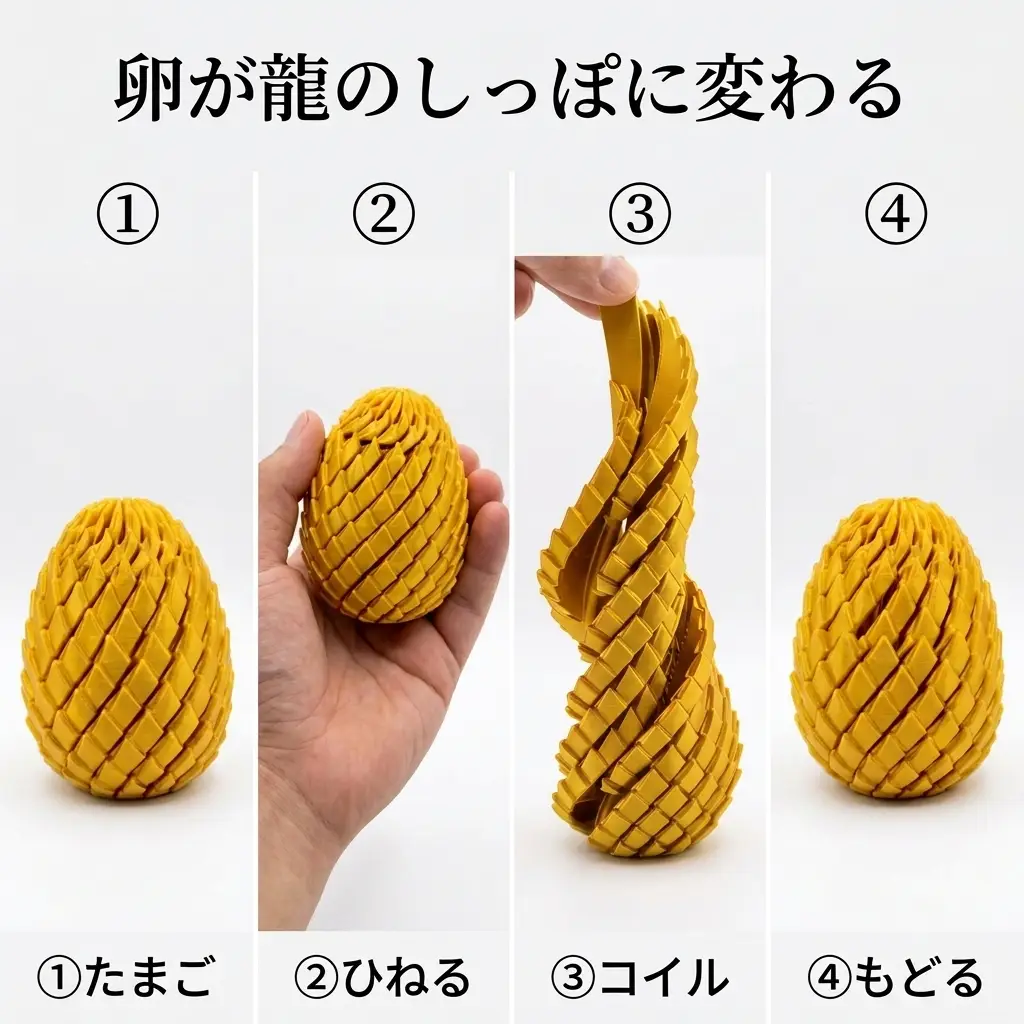 ウロコに覆われた卵から龍のしっぽ状のスパイラルへと変化する3Dプリントフィジェット
