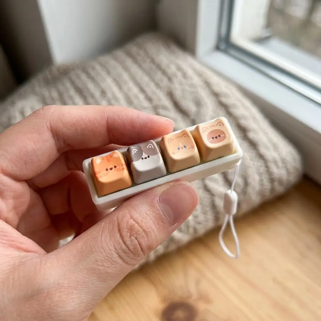 指先でつまんだ手のひらサイズの猫キーボードキーホルダー。指先からはみ出さないほど小さいことが分かるカット。
