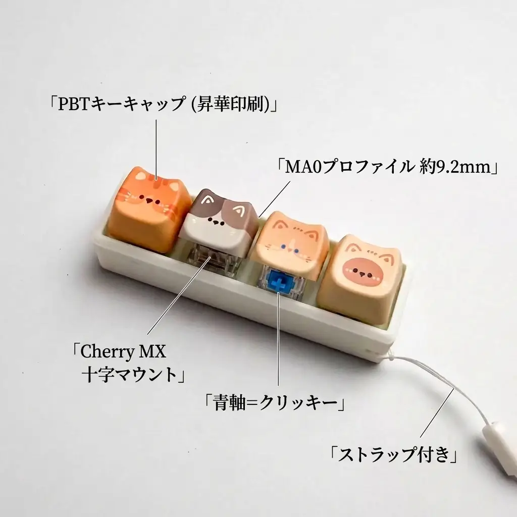 実スペックの引き出し線図解。「PBTキーキャップ（昇華印刷）」「MA0プロファイル 約9.2mm」「Cherry MX 十字マウント」「青軸=クリッキー」「ストラップ付き」。