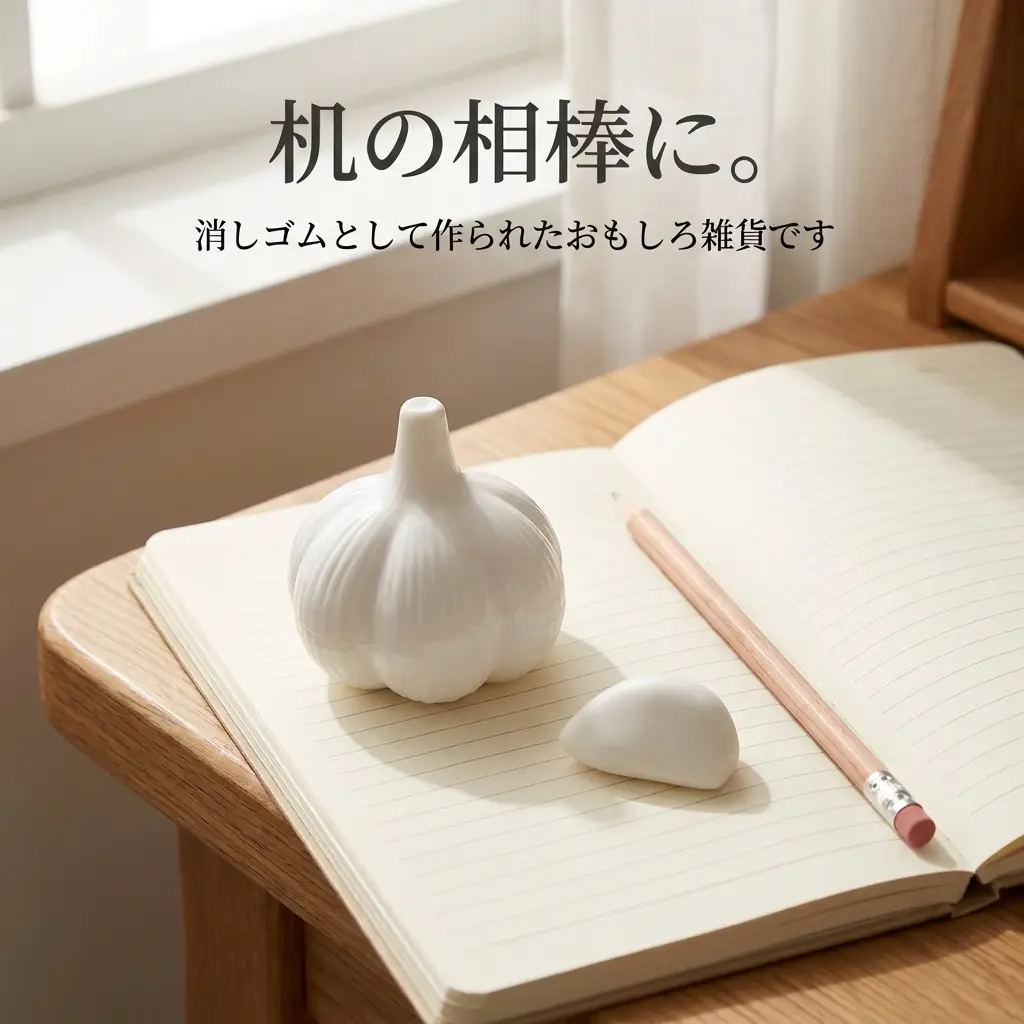 ノートと鉛筆のそばに置いたにんにく型消しゴム。消しゴムとして作られたおもしろ雑貨