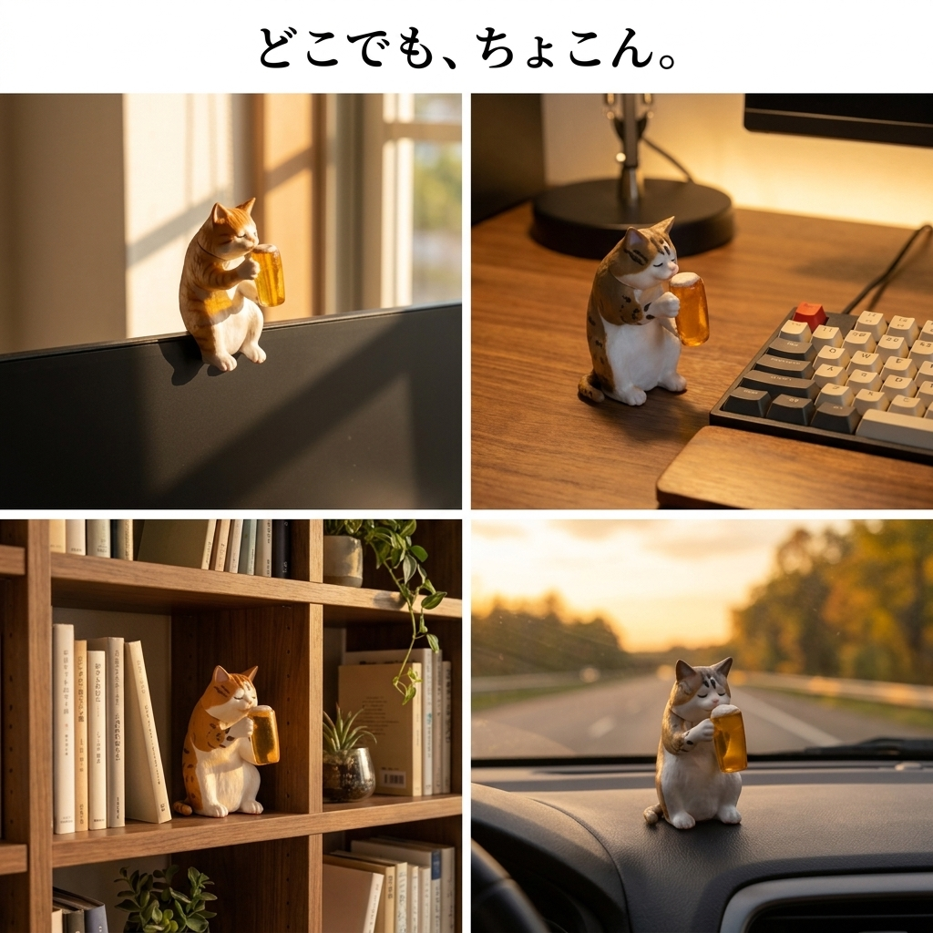 モニター・デスク・棚・車など置き場所例の4シーン / Four placement scenes: monitor, desk, shelf, car