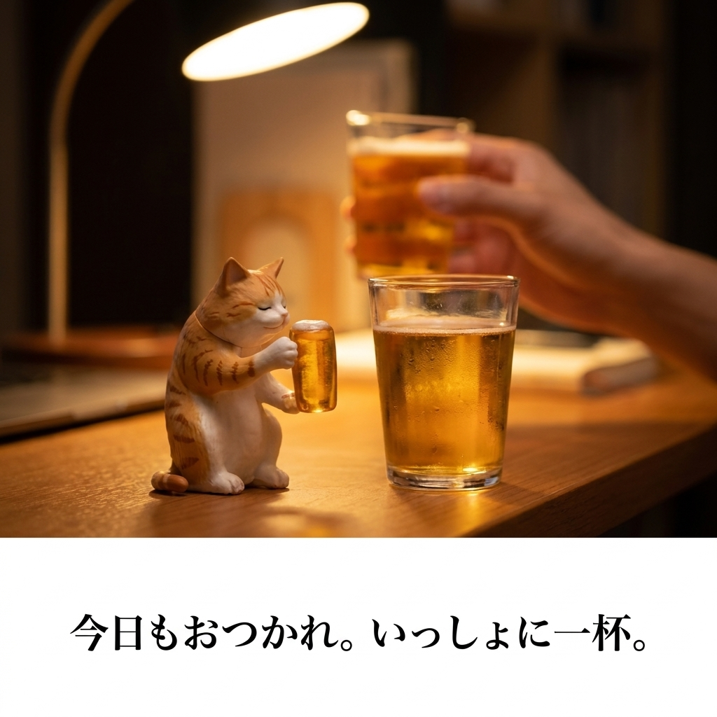 猫フィギュアとビールで晚酌するライフスタイル / Lifestyle scene enjoying an evening drink with the cat figurine