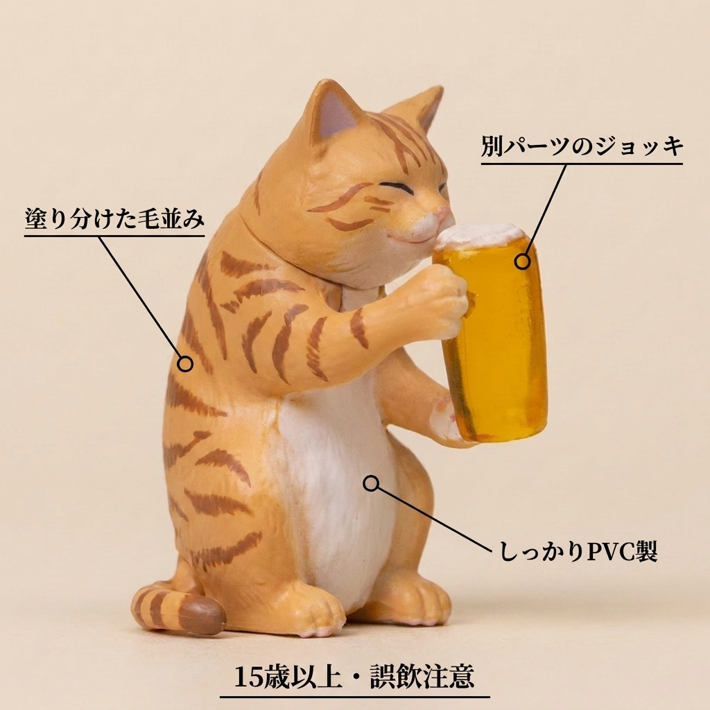 別パーツのジョッキ・塗り分けた毛並み・PVC製を示す特徴解説 / Feature callout: separate mug piece, painted coat, solid PVC