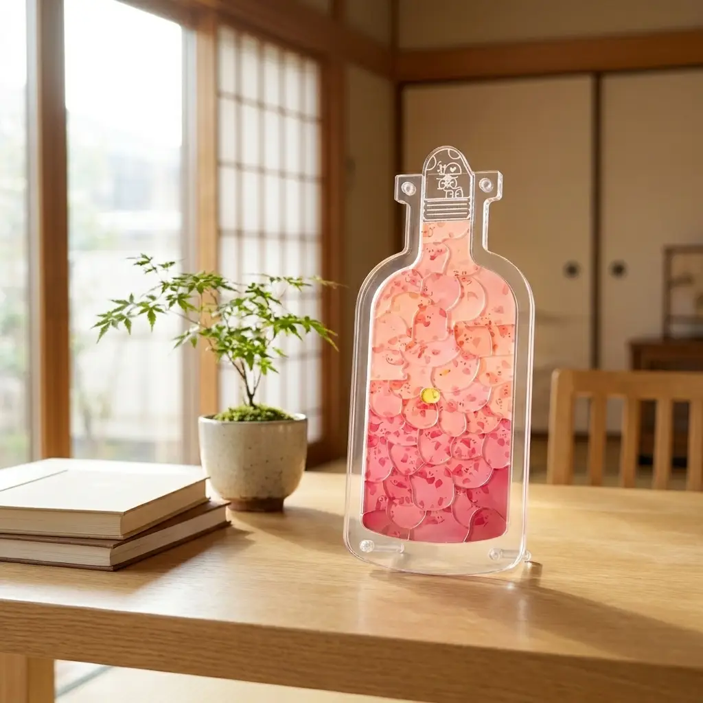 窓辺の机に立てて飾ったピンクのボトルパズル