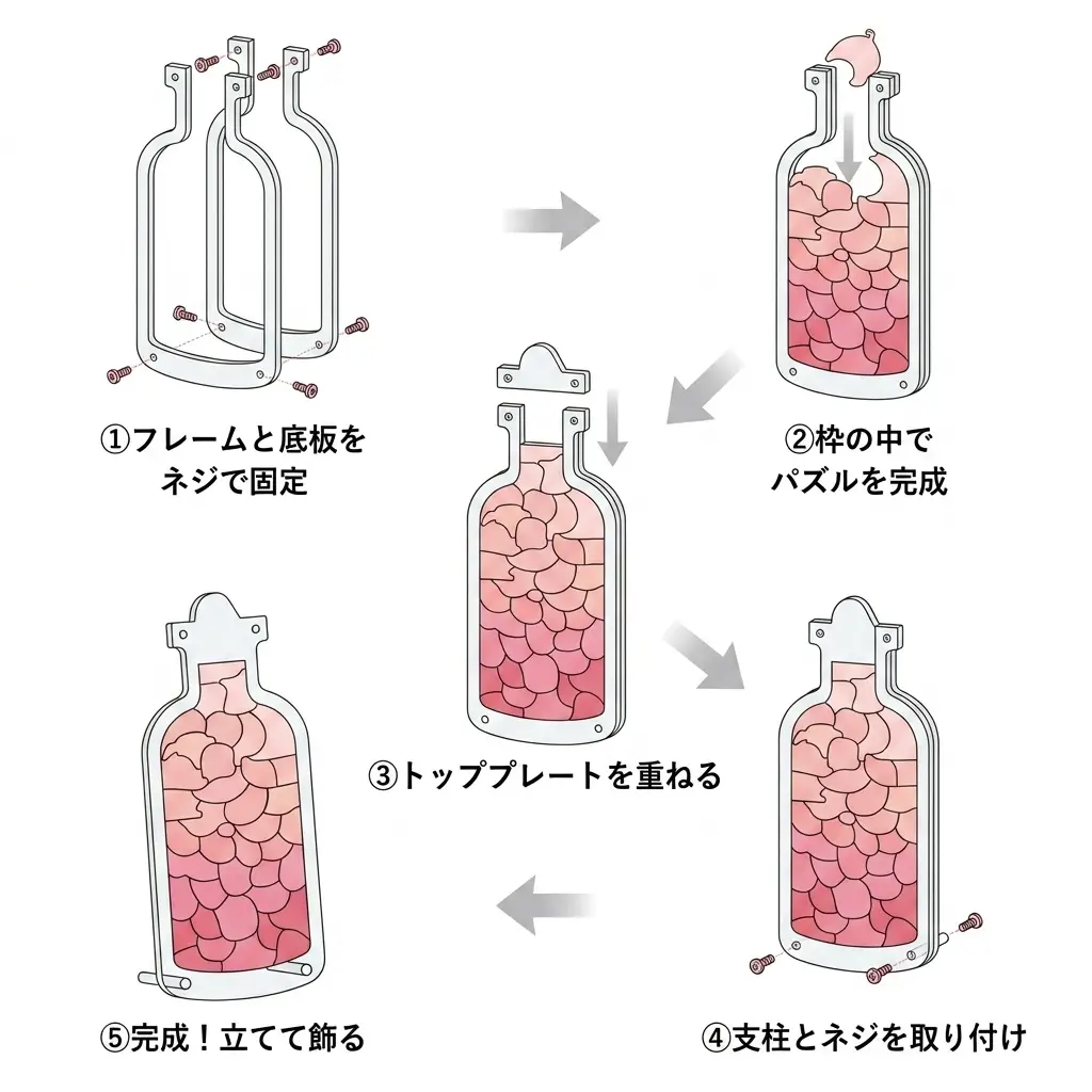 ボトル型フレームにピースをはめていく組み立ての様子