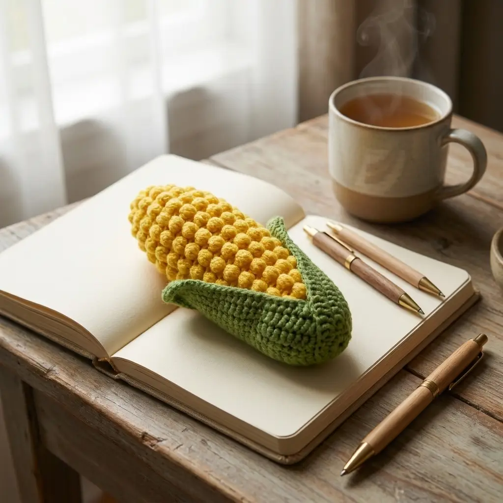 ノートやペンと並べて机に置いた、とうもろこしペンポーチのデスクシーン