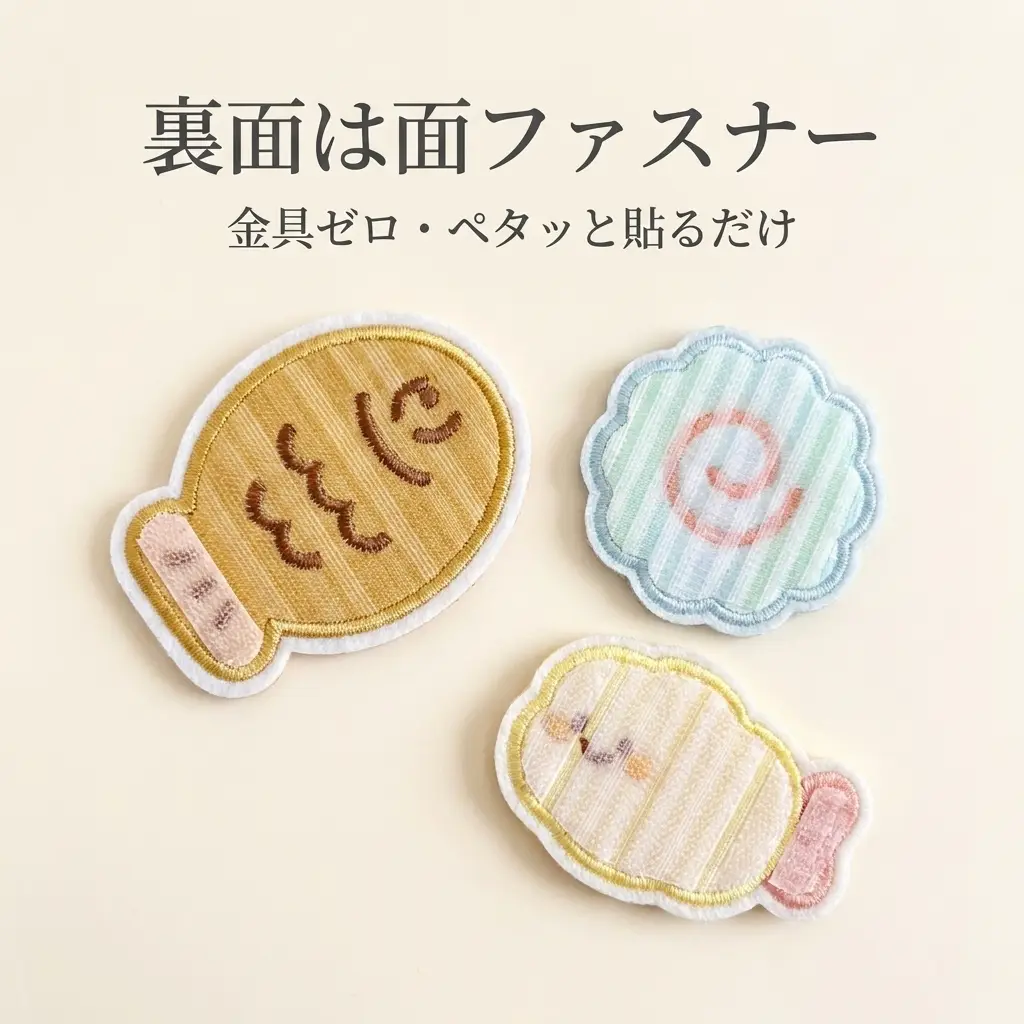面ファスナー（マジックテープ）式の裏面と、髪にのせる様子