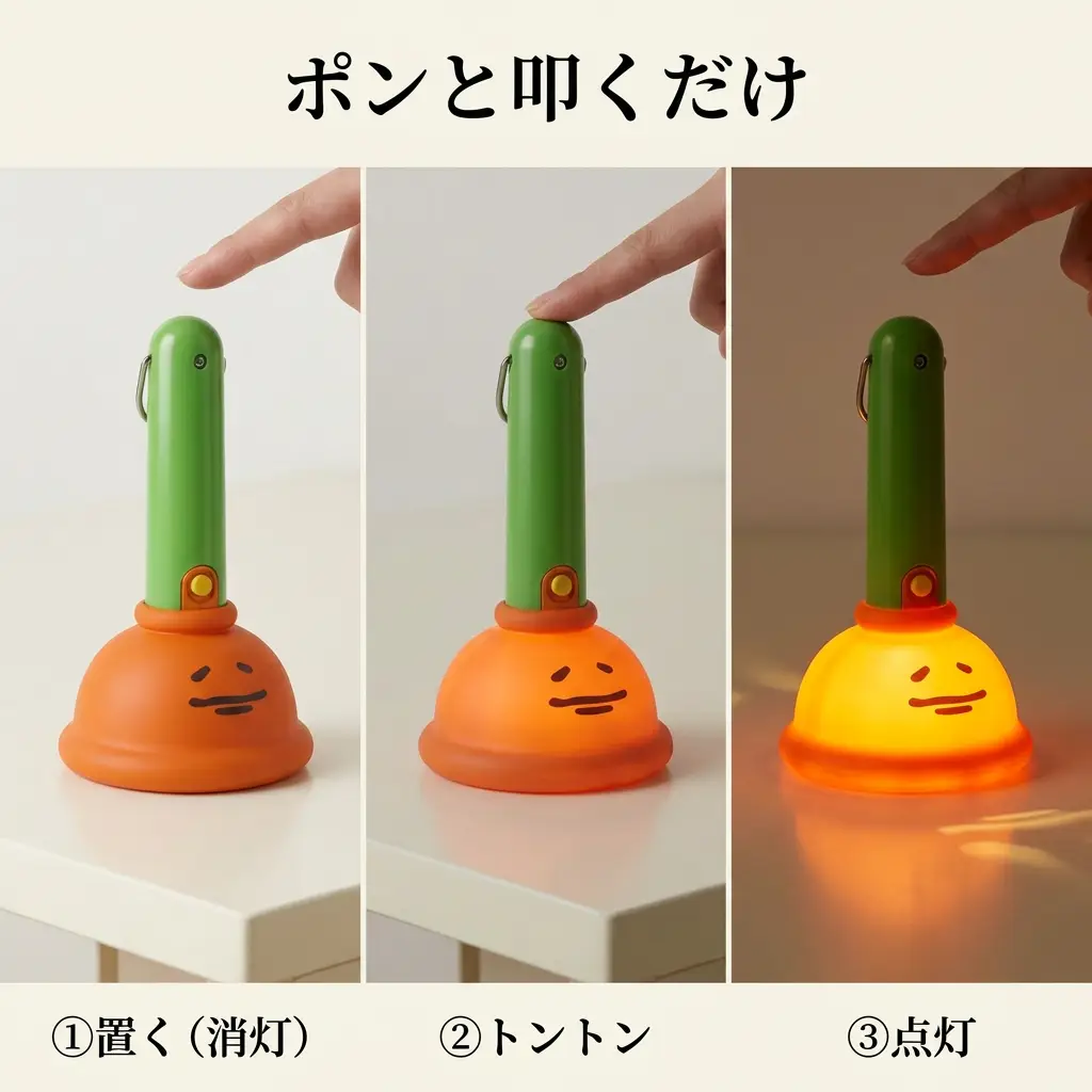 ポンと叩いて点灯する使い方（①消灯→②トントン→③点灯）