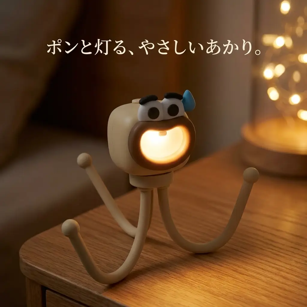 ベージュのタコ常夜灯が暖色に点灯、ベッドサイド