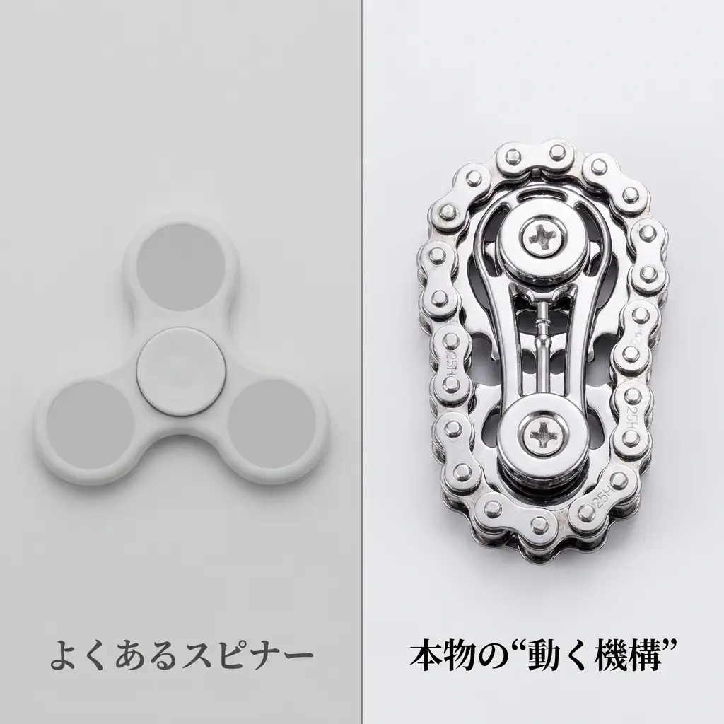よくあるスピナーとの比較（本物の“動く機構”）