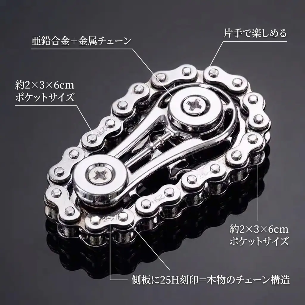 特長（亜鉛合金＋金属チェーン・片手で楽しめる・約2×3×6cmポケットサイズ・25H刻印）