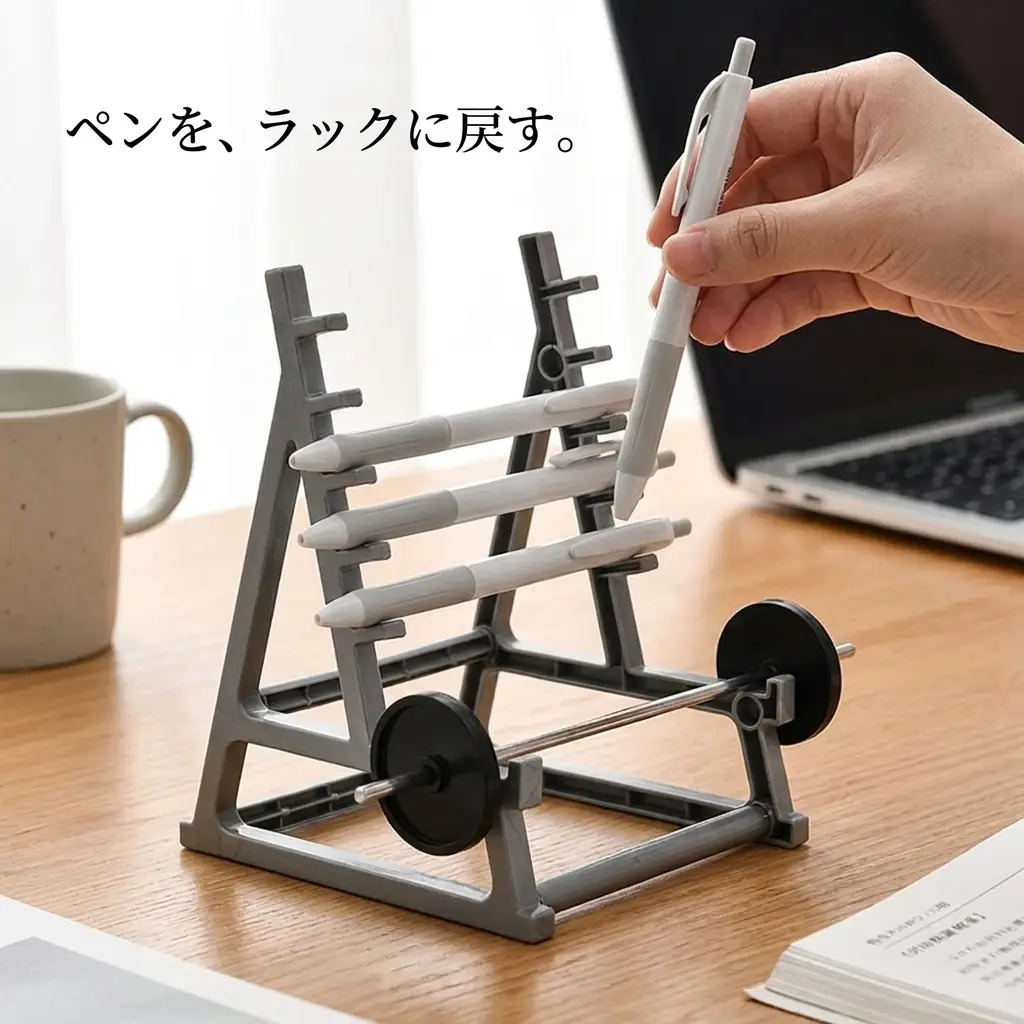 ペンをラックに戻す 使い方 デスクで手でペンを横掛けする様子