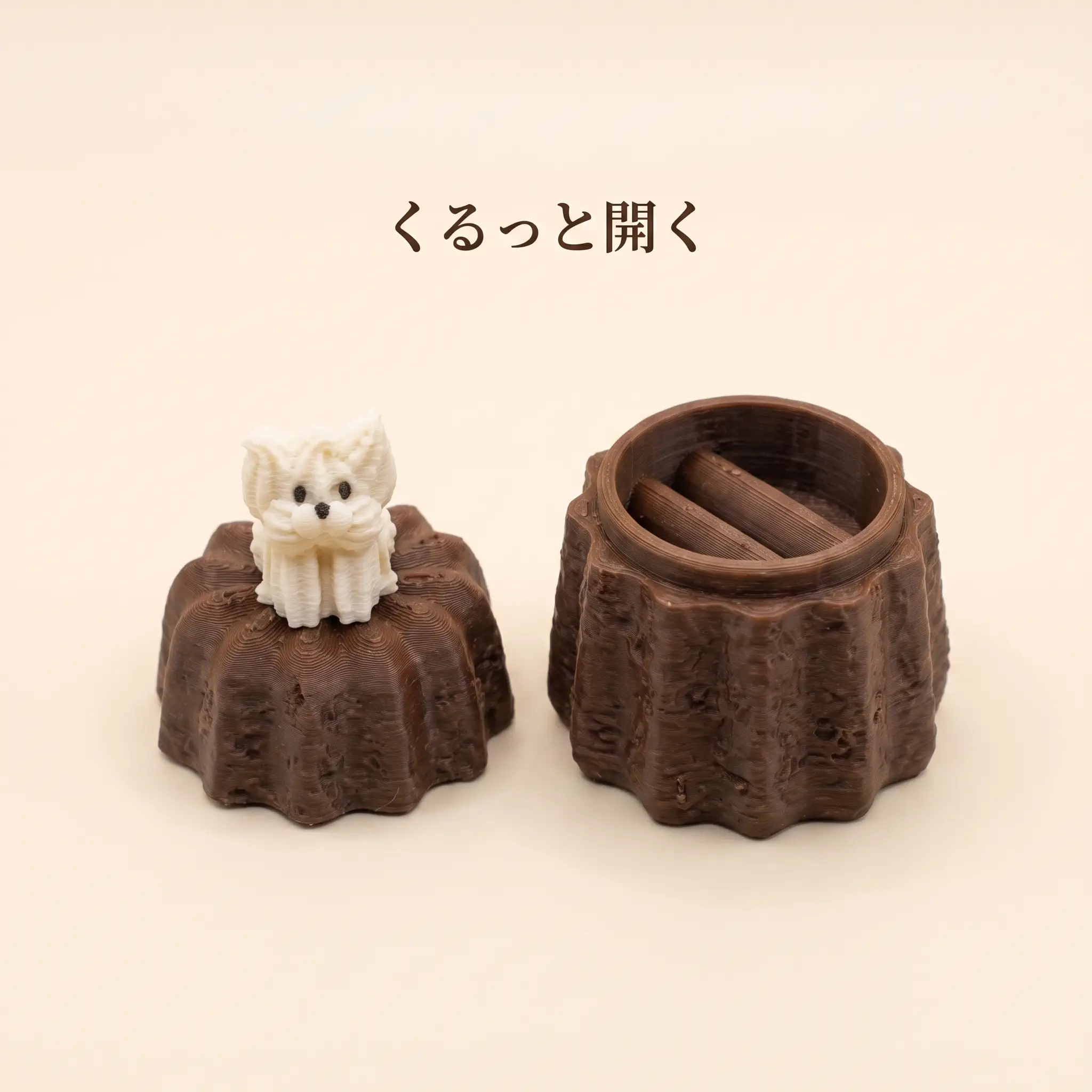 カヌレのふたがひらいて中の収納があらわれる様子