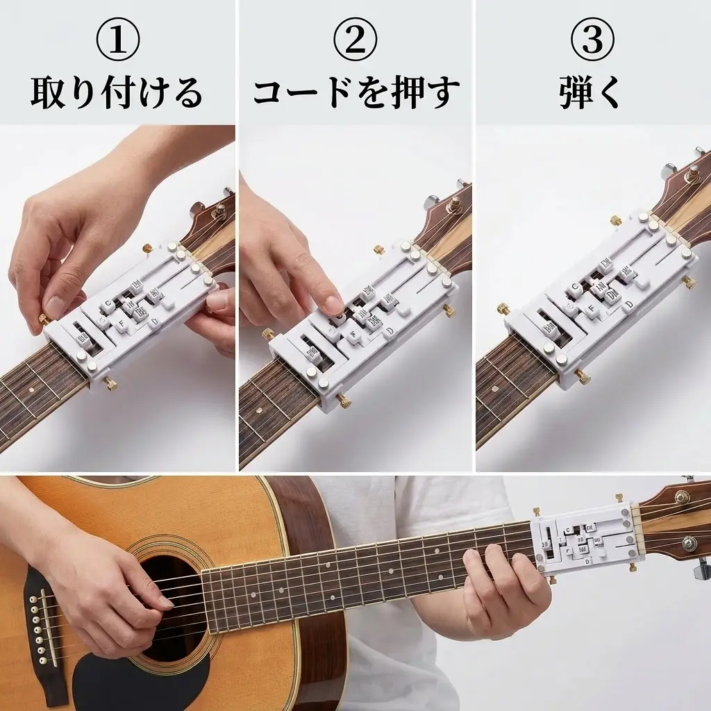 取り付ける・コードを押す・弾くの3ステップ図解