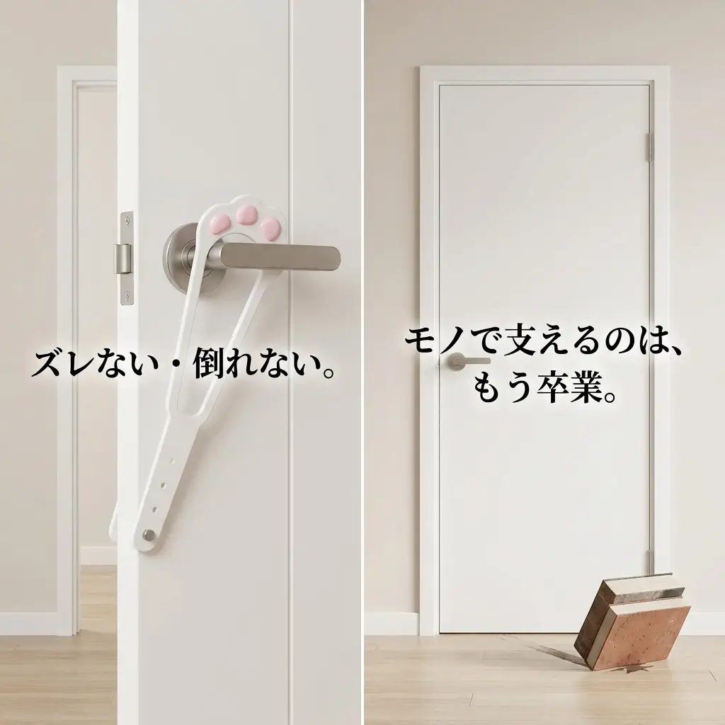 肉球ストラップがドアを安定して半開きに保ち、つっかえ棒のように倒れない様子の比較