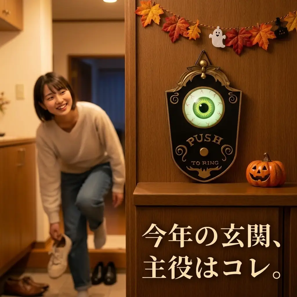玄関に飾ったゴシック調ゴールドフレームの目玉ドアベル