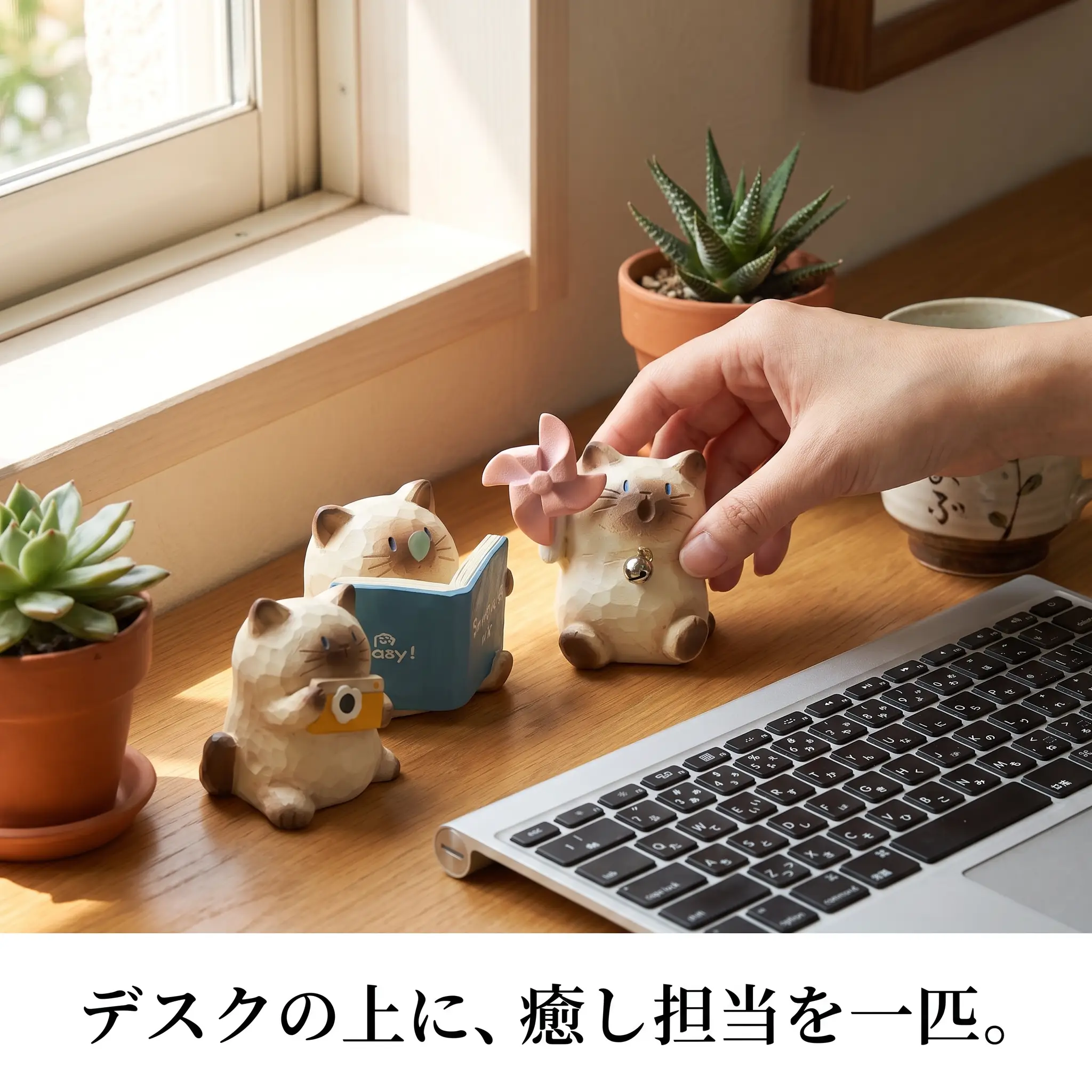デスクの上に飾った小さなシャム猫のフィギュア