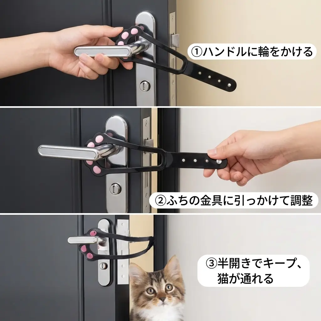 ドアハンドルに肉球ストラップを引っかけ、半開きのすきまを猫が通り抜ける様子
