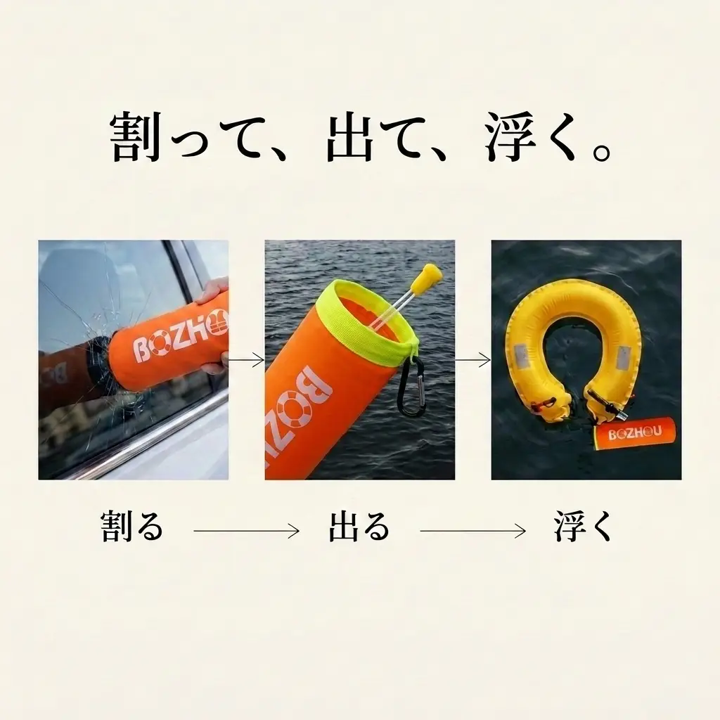 冠水した車内。ドアが開かず、水位が上がる。ドアポケットに差した本体。