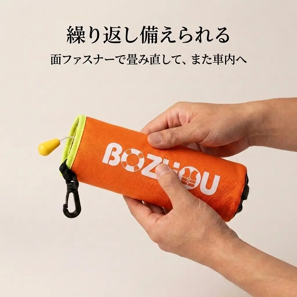 反射材のアップと夜間の視認、そしてカートリッジ交換・畳み直しのカット。420D生地の質感。