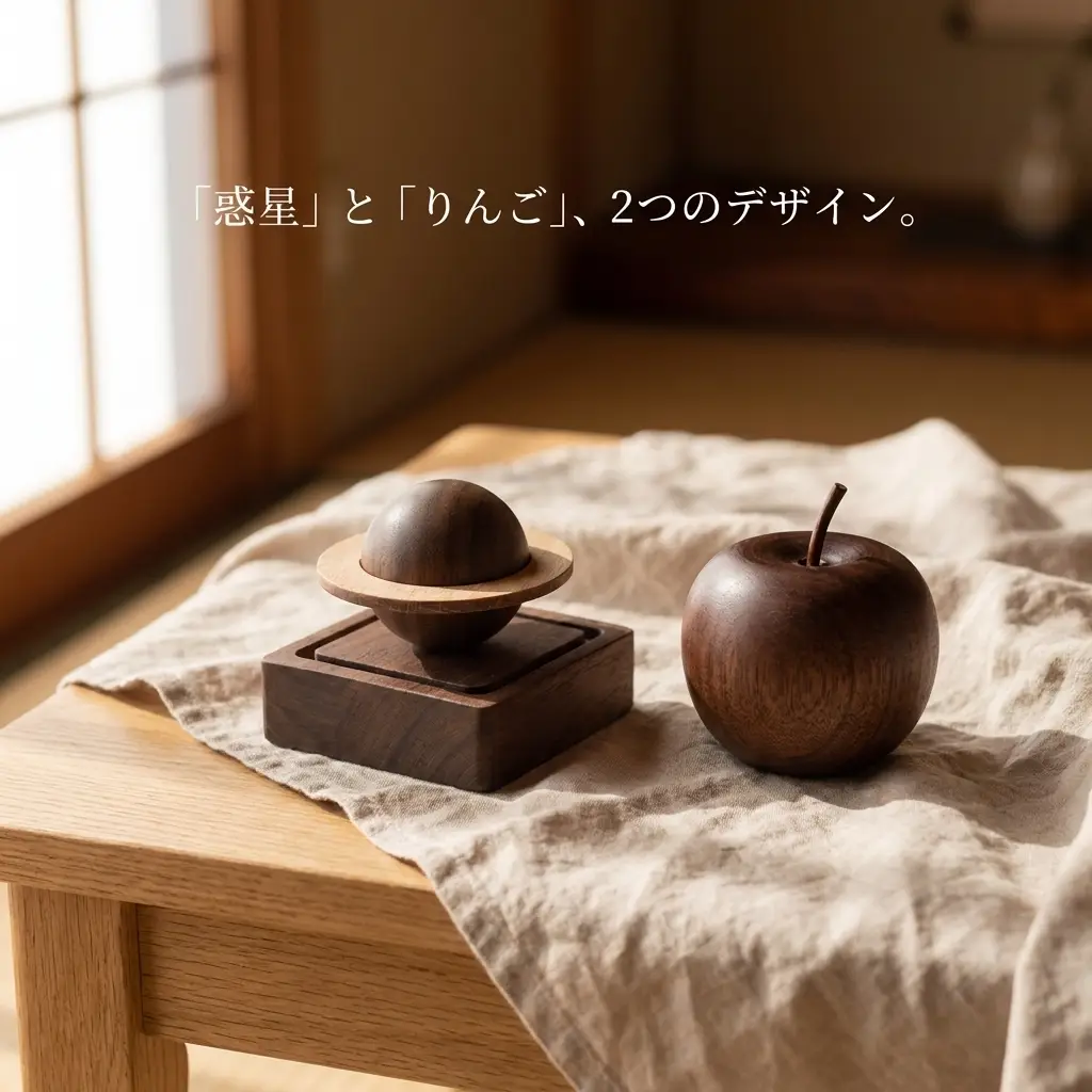 惑星とりんご、2種類のデザインを並べた物撮り