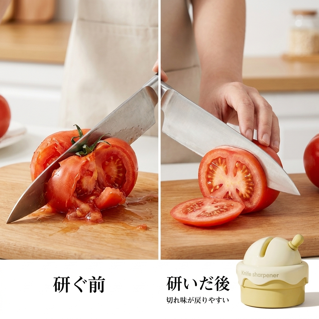 研ぐ前と研いだ後のトマトの切れ味比較