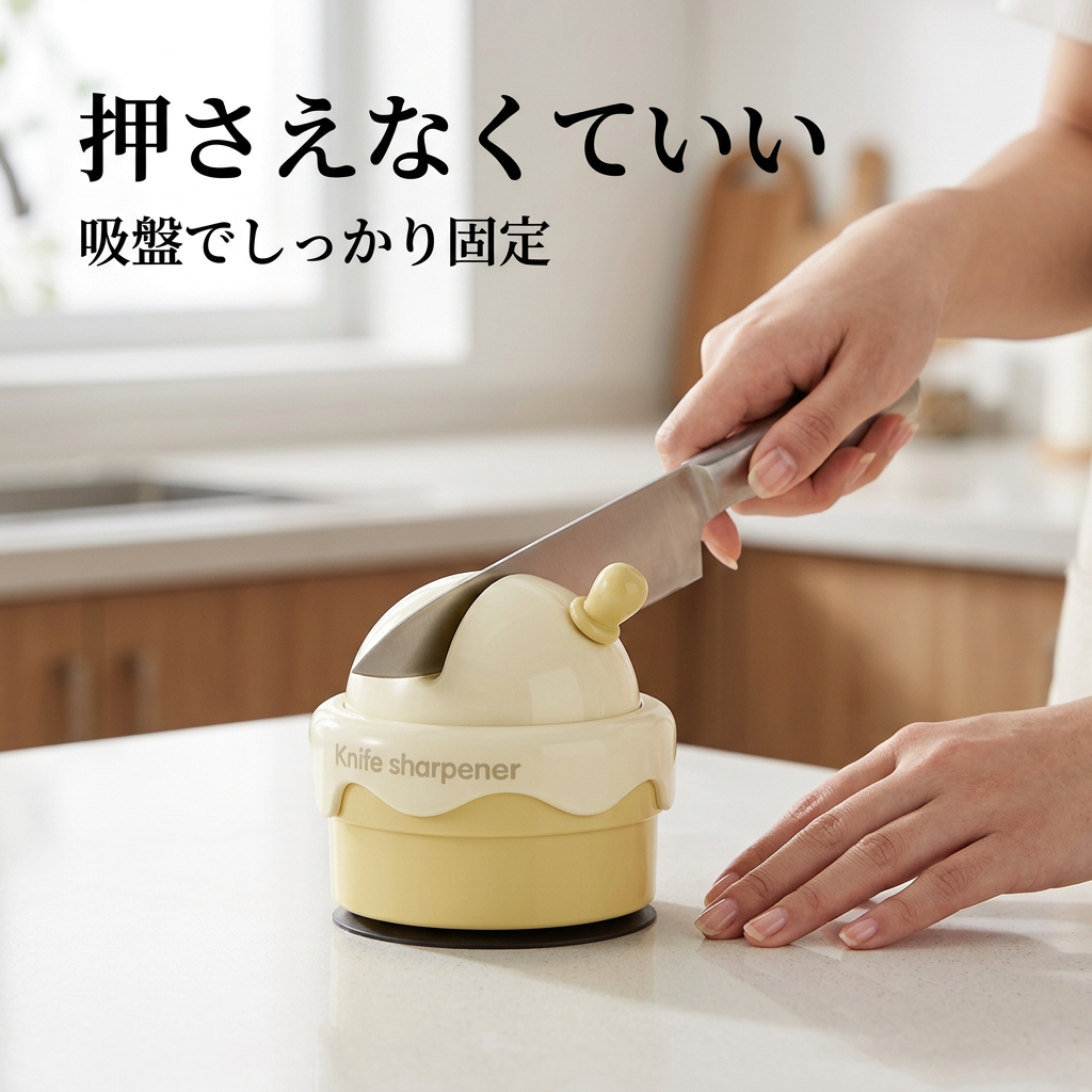 吸盤で台に固定して片手で包丁を研ぐ様子