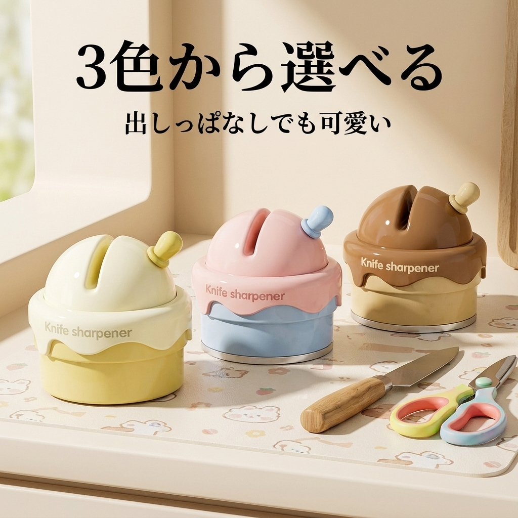 クリーム・ストロベリーピンク・ブラウンの3色を並べたキッチンの様子