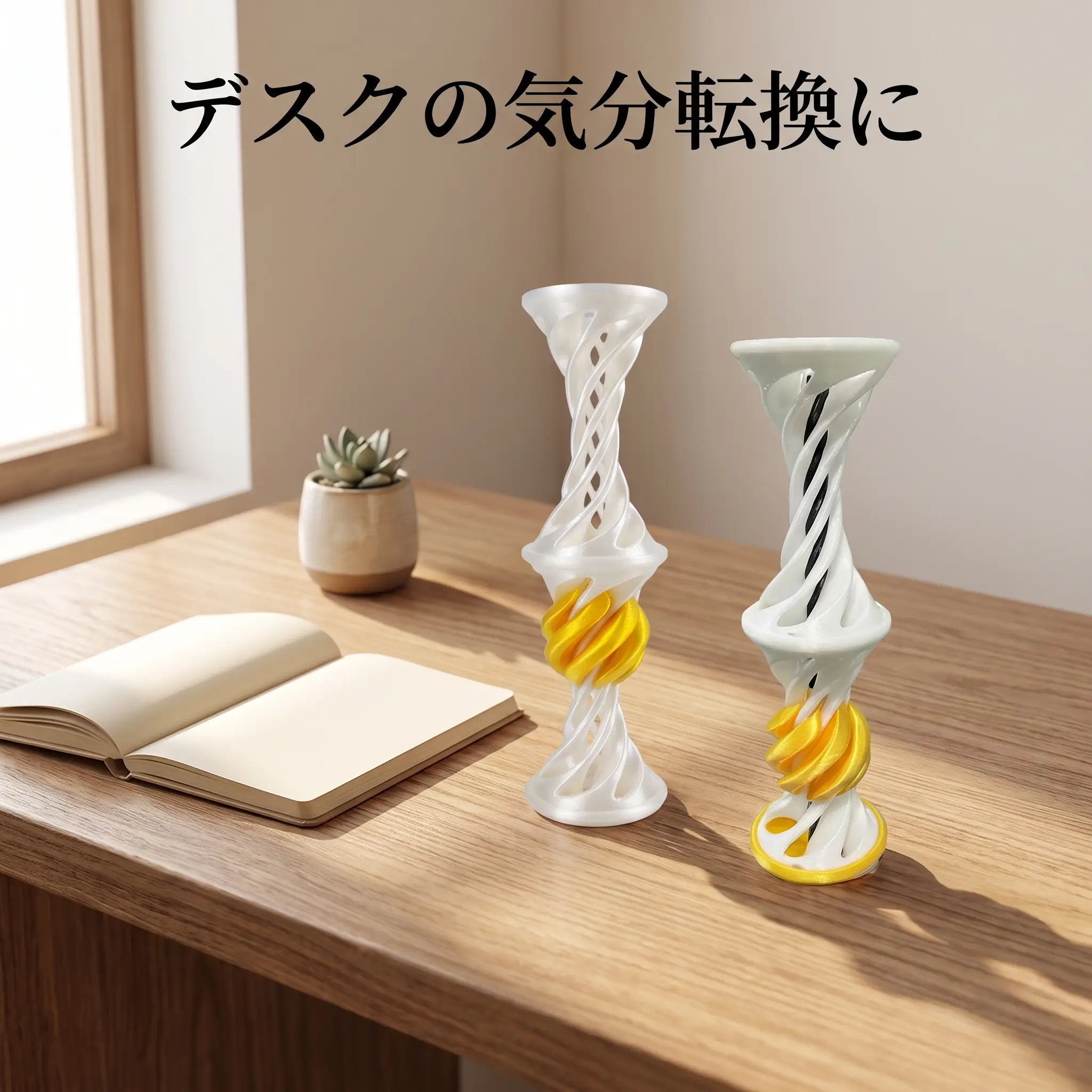片付いた日本の作業デスクに置かれた解圧スパイラルタワーを手で軽く操作する様子