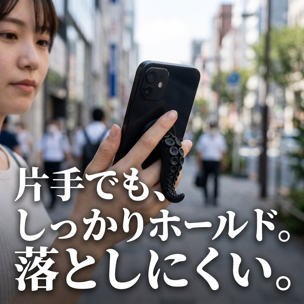 日本人女性が片手でスマホを持ち、指を触手に通してしっかりホールド