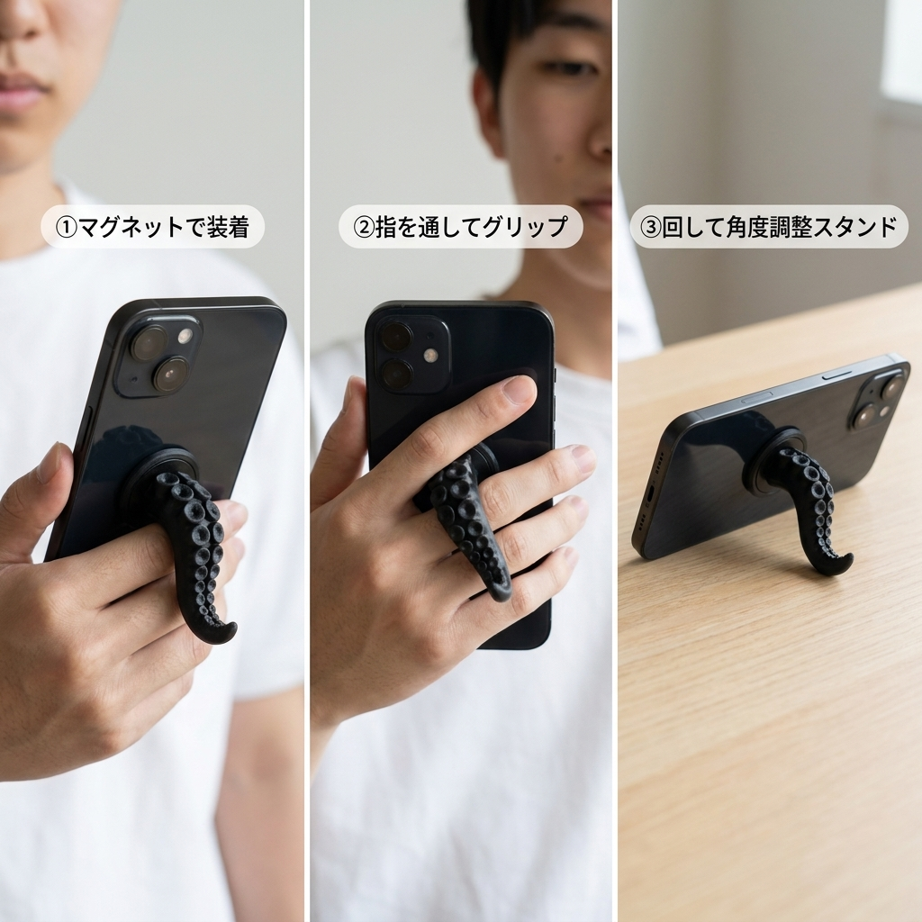 使い方3ステップ：マグネットで装着、指を通してグリップ、回して角度調整スタンド